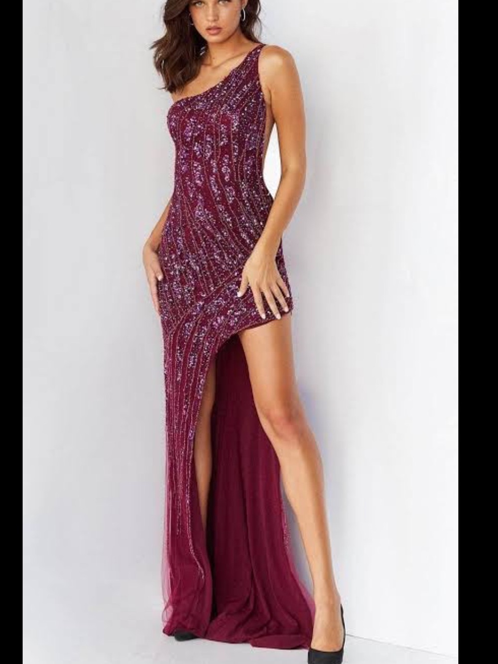 Jovani 06346 Plum One-Shoulder Sequin High-Slit Gown